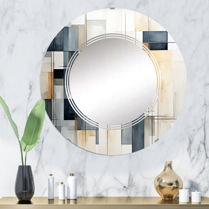 Bleu gris, dessin au trait abstrait géométrique III - miroir mural moderne rond, 32 po x 32 po