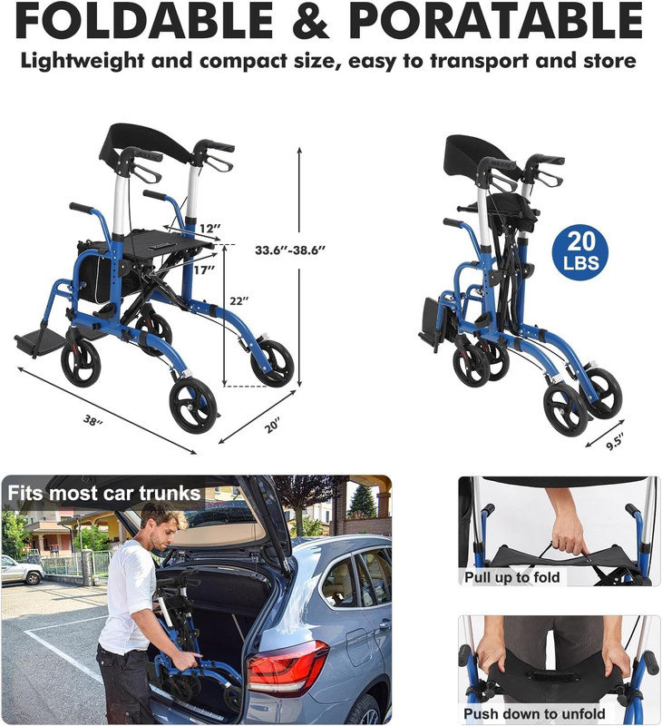 Adjustable Height Handlebar Transport Wheelchair with Folding Footrest