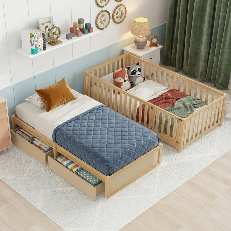 78.1" Twin Size Wood Daybed With Fence Guardrails & 2 Drawers - 2-In-1 Convertible Design Splits Into Independent Floor Bed - Solid Wood Frame - Gray