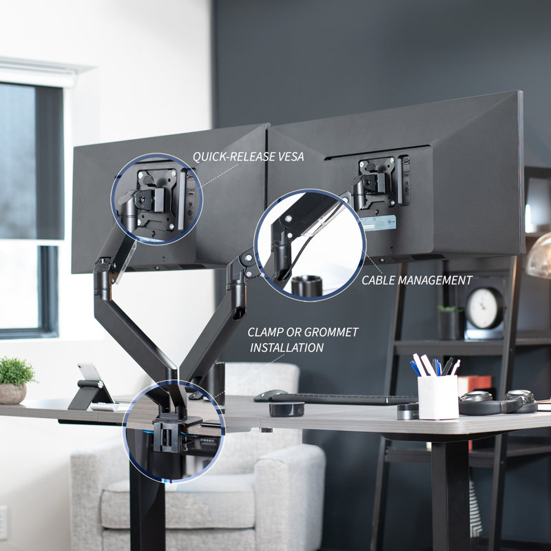 ErgoFlex Black Aluminum Dual Monitor Desk Mount with USB