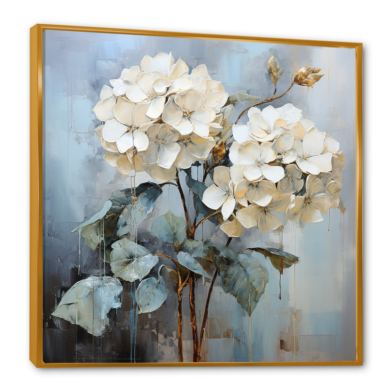 Hydrangées bleues dans des tons de gris sur toile, H 16 po x l 16 po x P 1 po, Cadre flottant doré