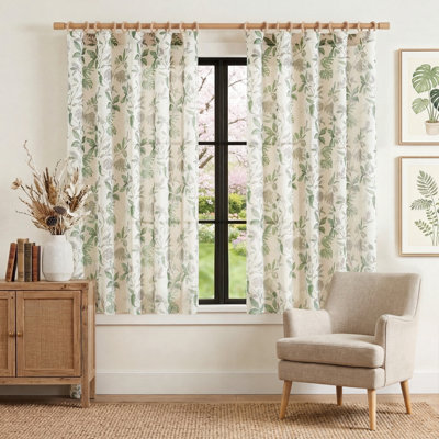 Rod Pocket Tropical Leaf Print Botanical Curtains Flax Farmhouse Country Curtains for Living Room