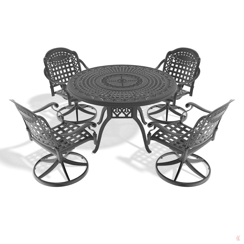 Cet ensemble de salle à manger en fonte d'aluminium toutes saisons comprend des chaises pivotantes et une table ronde avec cadre noir