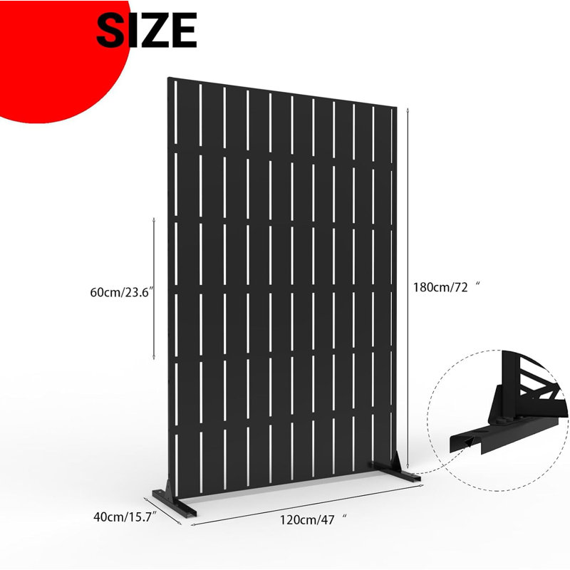 Freestanding Metal Privacy Screen with Stand, Decorative Outdoor/Indoor Divider Windbreak, Weatherproof For Balcony, Patio, 120x180cm, Black Vertical Stripes