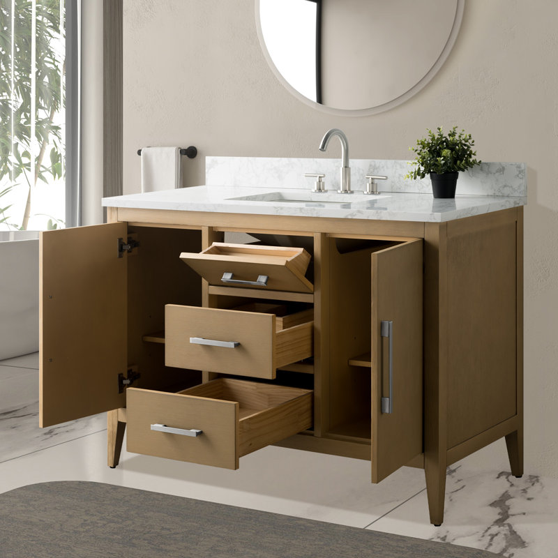 Meuble-lavabo simple 48 po avec plateau en marbre, Chêne naturel, Nickel brossé