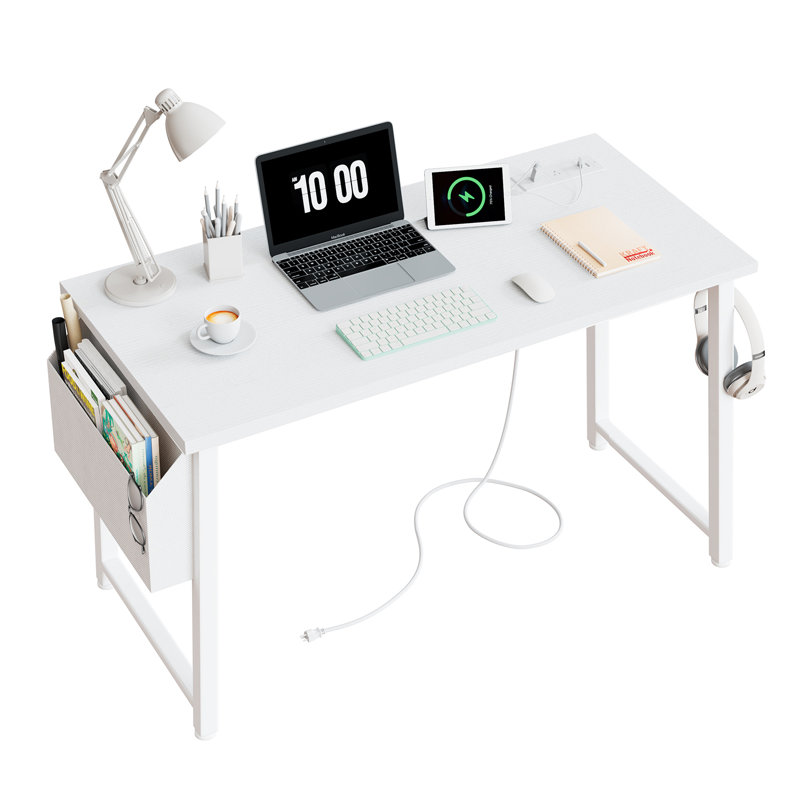 Bureau d'écriture rectangulaire avec prises de courant, Blanc, H 29,52 po x l 39 po x P 18,9 po