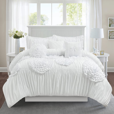 Floral Ruffle Comforter Set, 7-Piece Farmhouse Bedding Set With Bed Skirt & Decorative Pillows, Soft Brushed Microfiber, Romantic Country Style For All Seasons
