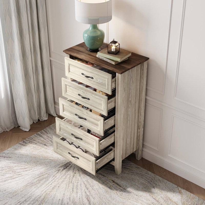 Commode 5 tiroirs Humphrey, Blanc antique / brun