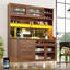 145×39×171cm Walnut Tall Highboard with App USB-Powered LED, Pull-out Wine Rack & Pegboard, Adjustable Shelves Freestanding Storage Cabinet