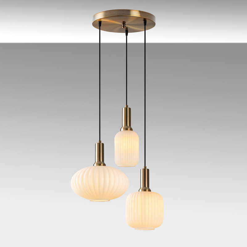 Élégant lustre doré, corps en métal et capuchons en verre, 21,7 po x 21,7 po x 51,2 po | 3 x douilles E27 (40 W maximum) | Parfait pour la salle à manger, le salon et le vestibule, luminaire élégant, indice de protection IP20, ampoules non incluses