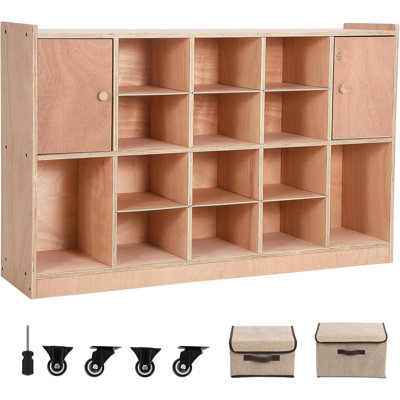 Storage Cabinet With 2 Cabinet Doors, Storage Cubby With 5 Anti-Flip Fittings,4 Castors And 2 Boxes