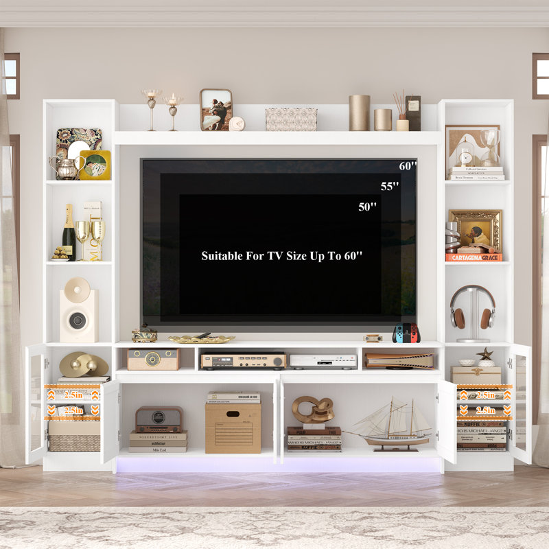 Meuble audio-vidéo 79 po pour téléviseur de 60 po ou moins, meuble télé avec bibliothèque et lumière DEL 79 po, Blanc