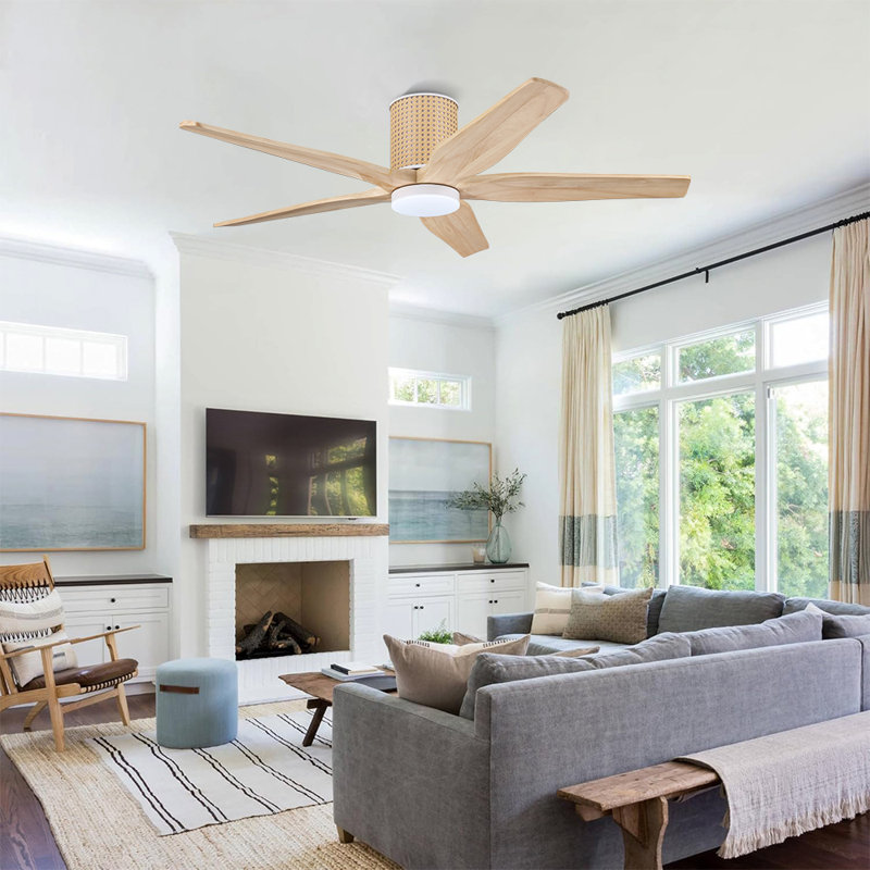 54'' 5 Blades Flush Mount Ceiling Fan With Light Solid Wood Blades Remote Quiet Reversible DC Motor Natural Wood Blades