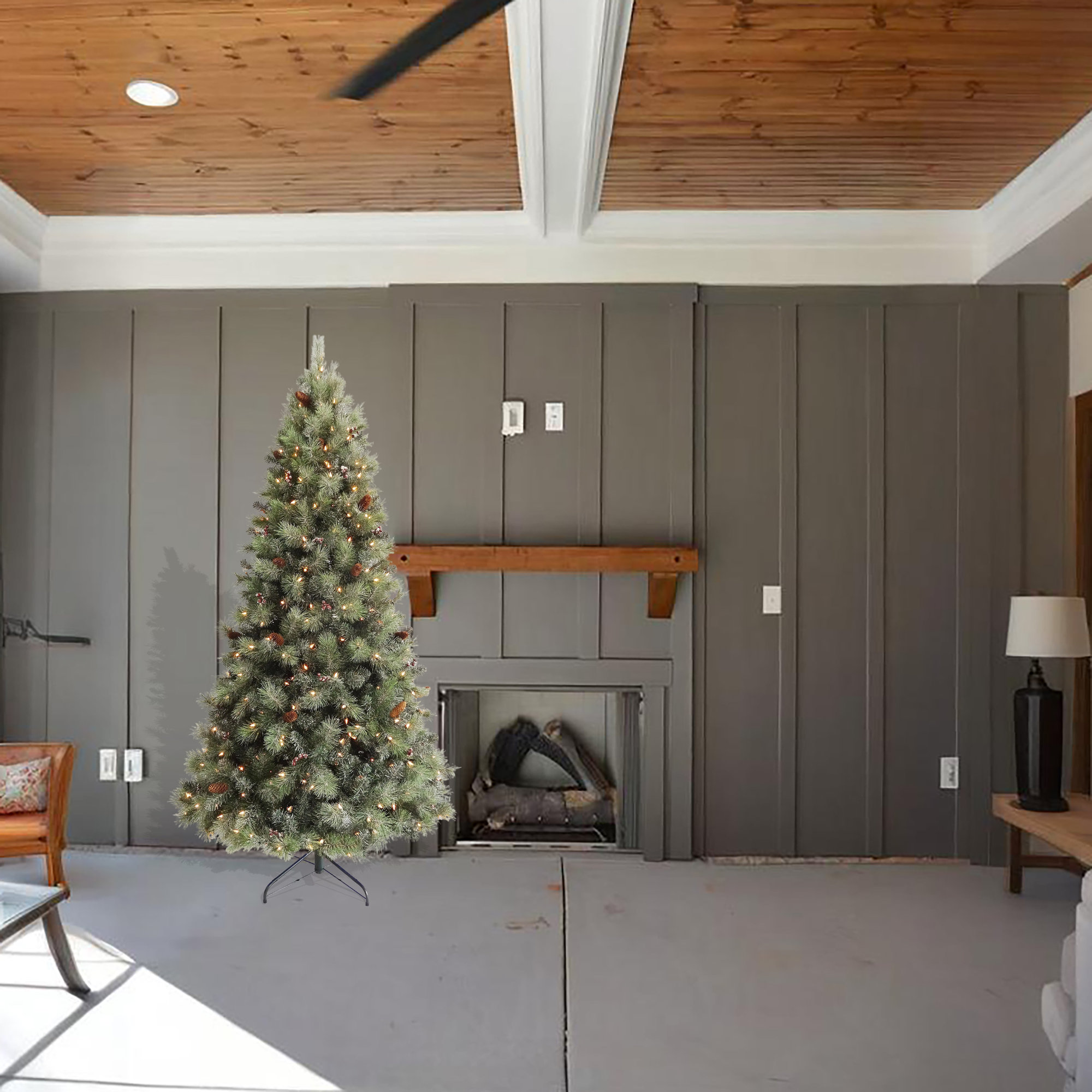 7.58 Ft Artificial Pre-Lit Christmas Tree With Lights, Snow Flocked Farmhouse Pinecone Greenery Xmas Tree With Branch Tips Sturdy Metal Stand