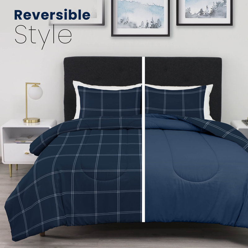 Martex Solid Color Reversible Comforter and Sham Bedding Set Super Soft Brushed Fabric, Navy Check