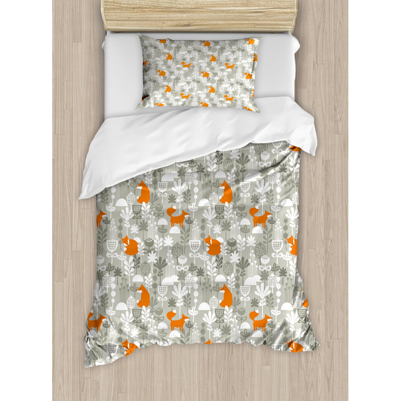Twin Pale Sage Green and Orange Fox Duvet Cover Set