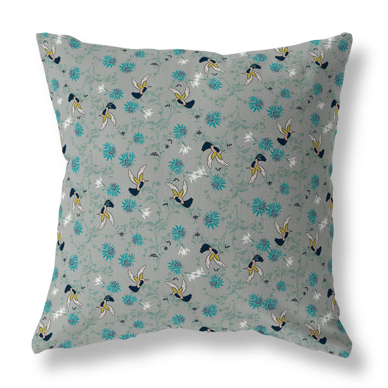 Coussin réversible Songbird Flora Parade, H 18 po x l 18 po, Cyan / gris