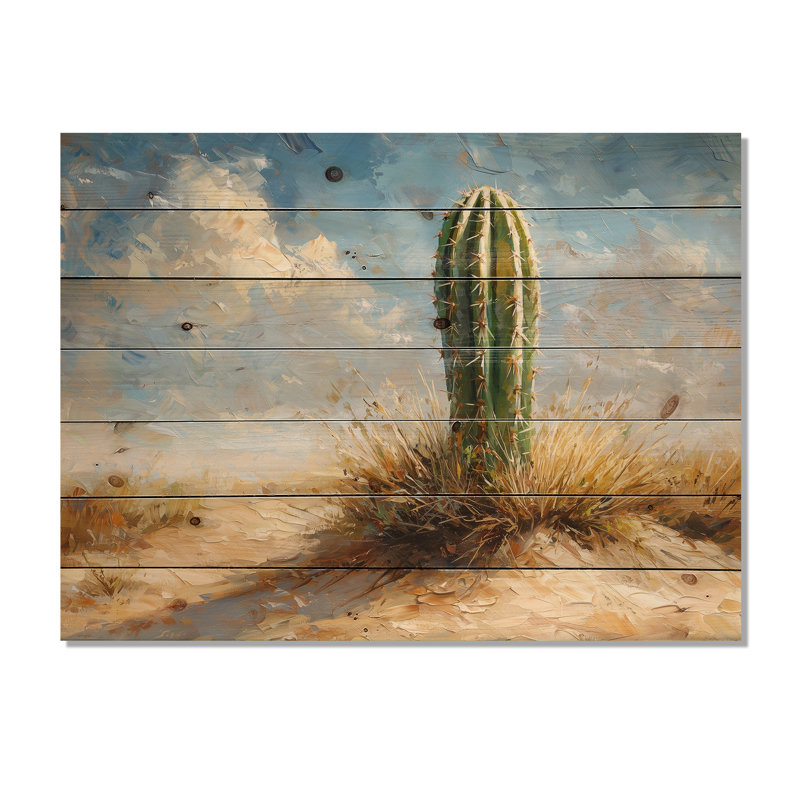 Minimalisme cactus par les dunes II - Art mural en bois floral cactus - sur bois de pin naturel