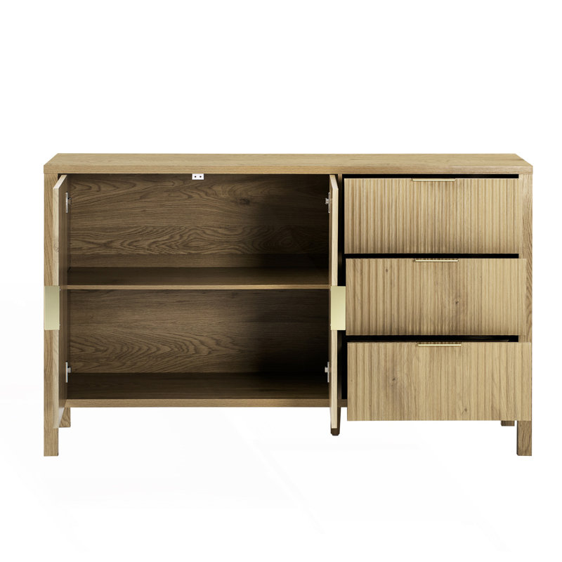 Modern Wave-Pattern Sideboard With 3 Drawers, Large Storage Buffet Cabinet, Natural