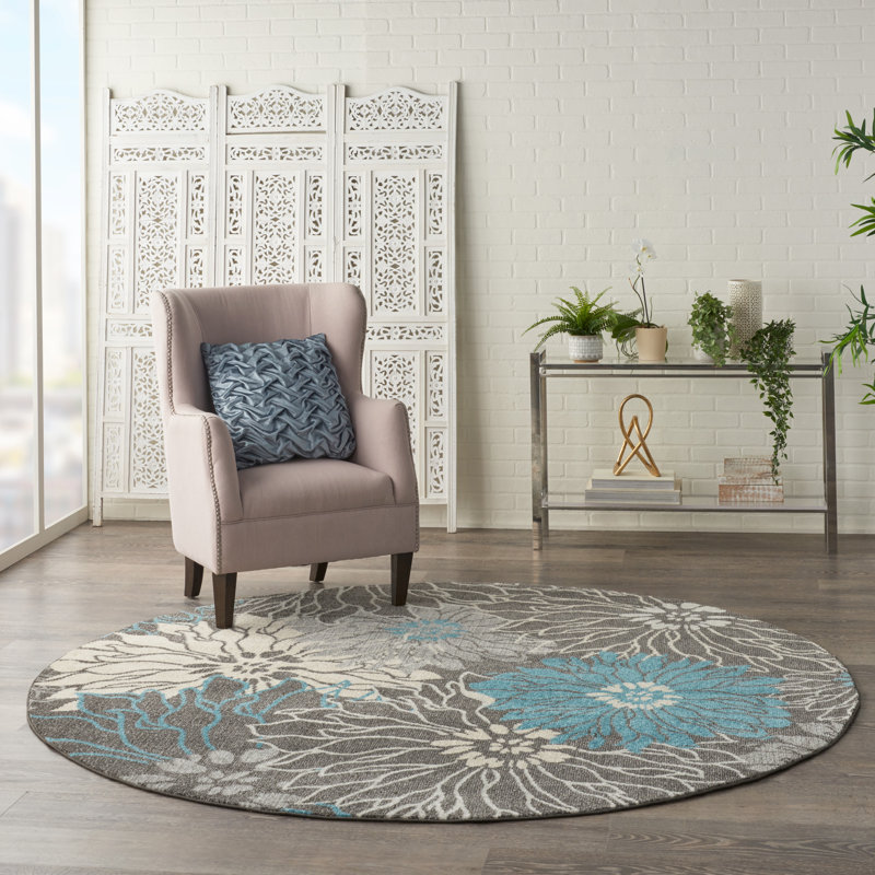 Gehl Floral Ivory/Gray/Turquoise Area Rug, Round 8'