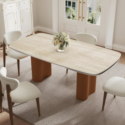 Table de salle à manger extensible 63-94,5 "moderne pour table de chevet en pierre frittée 4-10 avec base double en bois brun