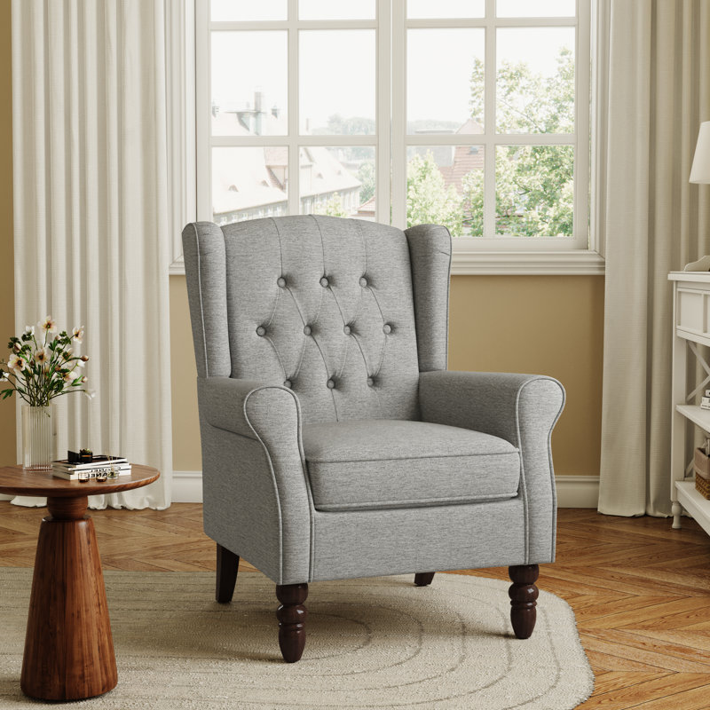 Duward 74Cm Wide Tufted Wingback Armchair with Solid Wood Legs, Light Grey Polyester Blend
