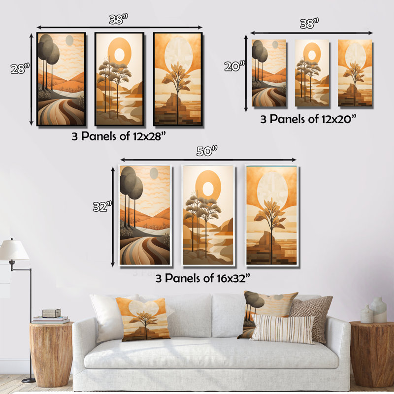 «Full Moon River Glow Retro Landscape», 3 pièces, Cadre flottant noir, H 36 po x l 28 po
