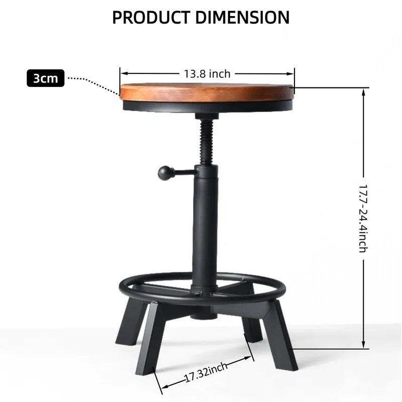 Ensemble de 2 tabourets de bar industriels à hauteur réglable, tabourets pivotants ronds en bois massif avec base en fer noir mat, tabourets de comptoir à hauteur réglable en spirale pour îlot de cuisine, bar et loft