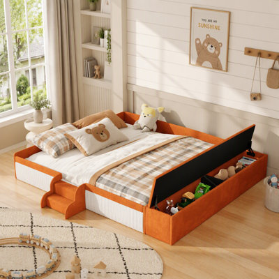 Velvet Upholstered Daybed with Stairs, Padded Guardrails & Gas Lift Storage Ottoman, Modern Contrast Design Kids Bedroom Furniture