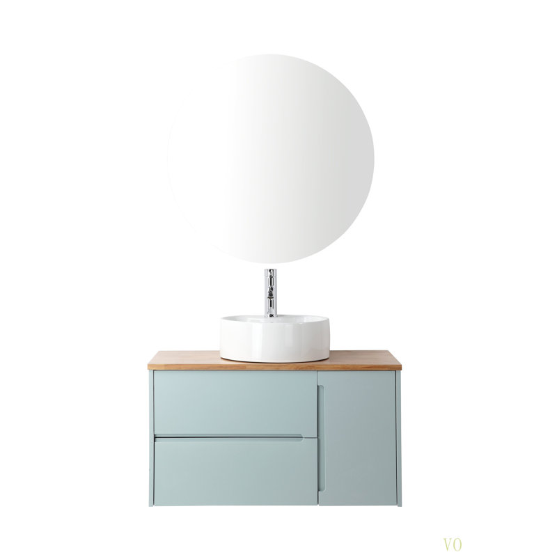 Armoire de meuble-lavabo mural 36 po à double tiroir + porte simple, plateau en bois massif, lavabo rond en céramique et miroir rond, design minimaliste moderne, grand espace de rangement