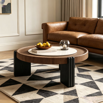 Table basse ronde de 35 pouces en noyer et pierre, avec des pieds sculpturaux