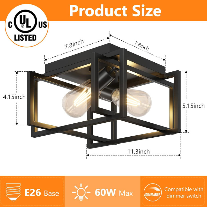 2-Light Flush Mount Ceiling Light Fixture, Industrial Black Metal Ceiling Light, Modern Rectangle Close To Ceiling Light For Hallway, Kitchen, Entryway
