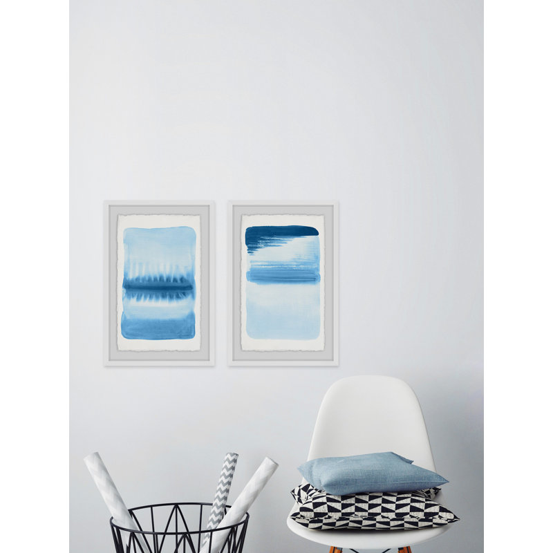 'Blue Flows II Diptych' 2 Piece Framed Watercolor Painting Print Set, 12" H x 8" W x 1.5" L