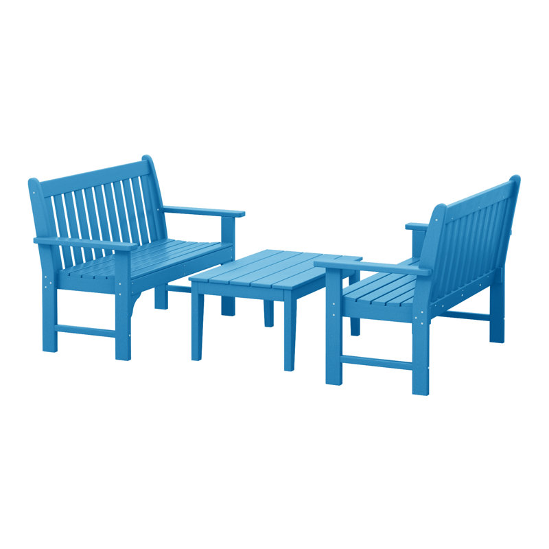 Banc 3 pièces avec table basse Poly, 3 pièces: 1 table basse, 2 bancs, Bleu