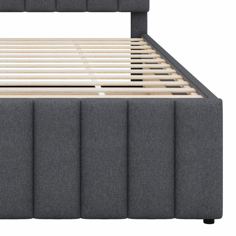 Lit plateforme tapissier avec lit gigogne simple et 3 tiroirs, tissu en lin