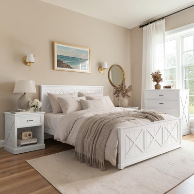 Ensemble de chambre à coucher de ferme 4 pièces, grand lit plateforme avec tables de chevet et commode Farmhouse