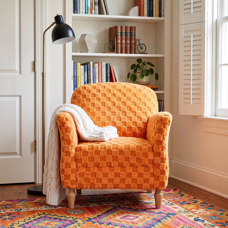 Fauteuil d'appoint confortable en velours côtelé à motif arlequin avec accoudoirs de salon, Orange