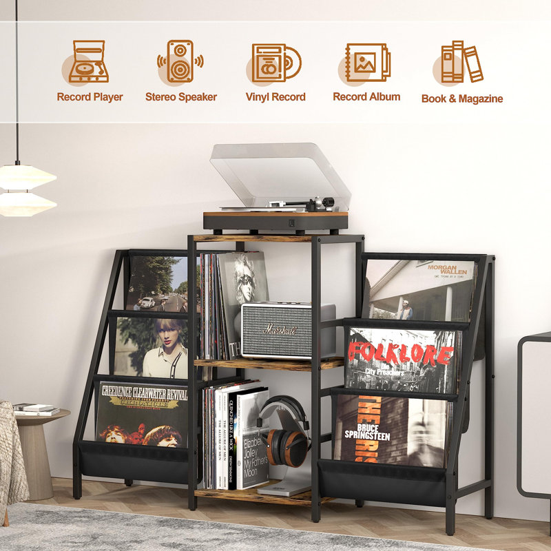 Large Capacity Black Vinyl Record Player Stand With Double Storage And Display Shelves