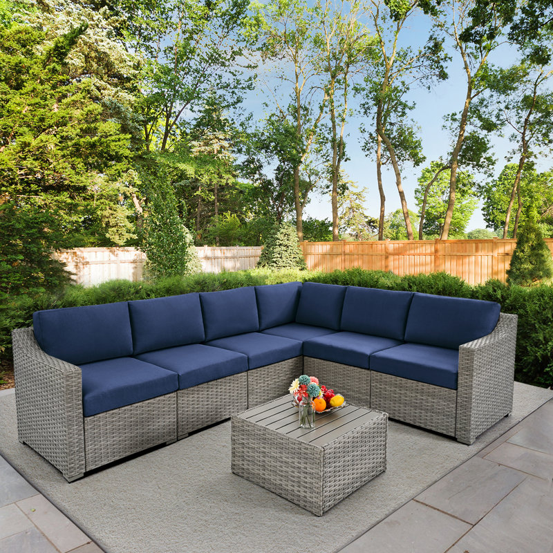 Ensemble de conversation pour patio en osier 7 pièces Latitude Run® (gris / beige), Gris, Bleu