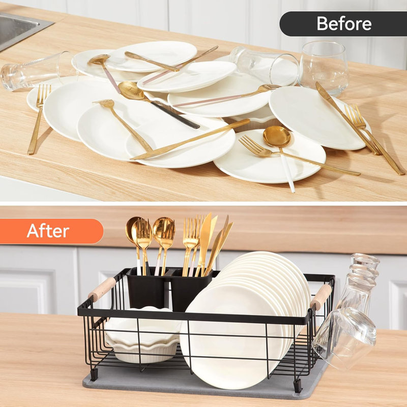Diatomaceous Earth Dish Drying Rack With Drain Board, Utensil Holder & Cup Holder