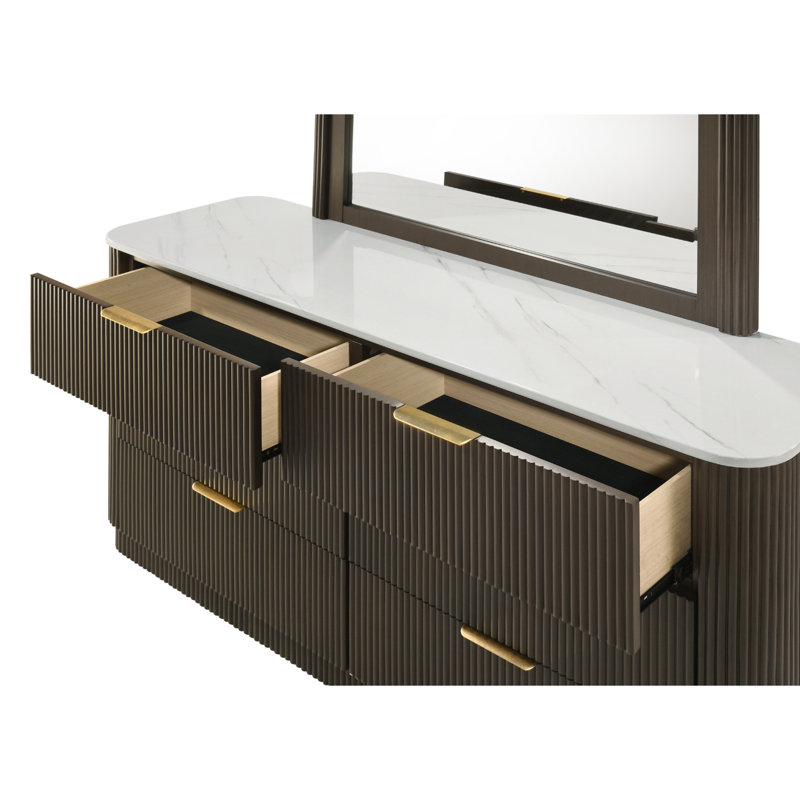 Commode 6 tiroirs contemporaine en noyer d'hévéa massif avec plateau en marbre artificiel