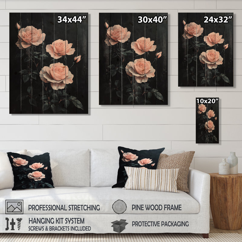 Rose Midnight Rose Elegance - décoration murale en bois de roses - sur bois de pin naturel, H 20 po x l 10 po x P 0,78 po