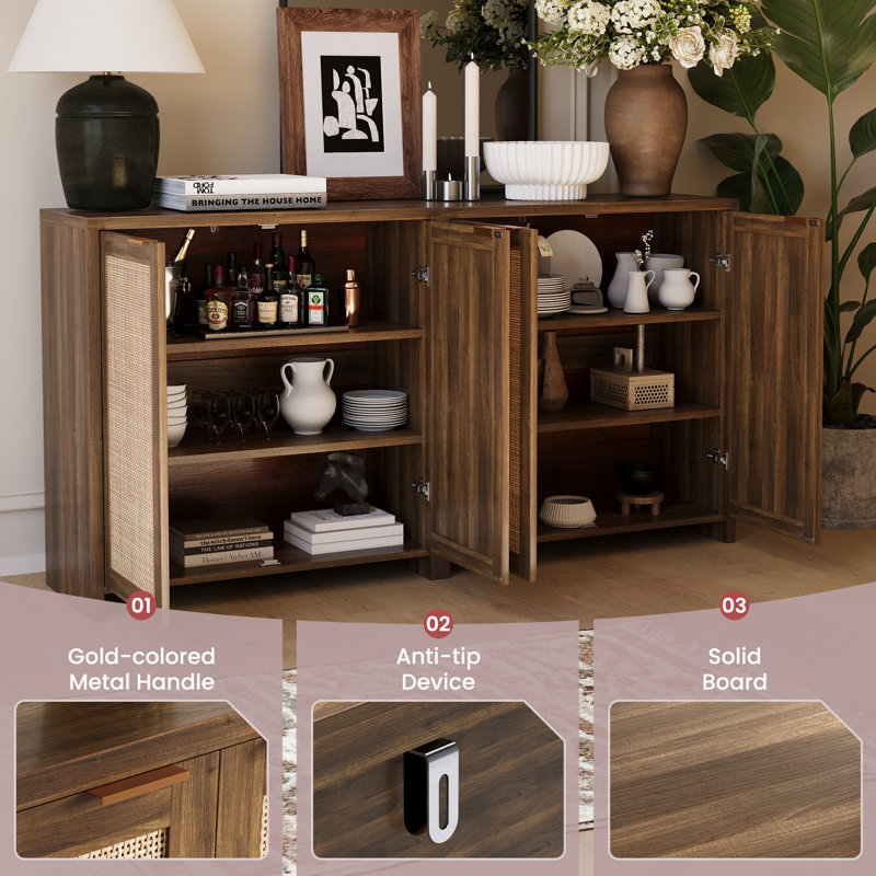 62" Rattan Sideboard - Woven Storage Cabinet for Dining Room & Entryway | Set Includes Two Separate Side Cabinets, Brown