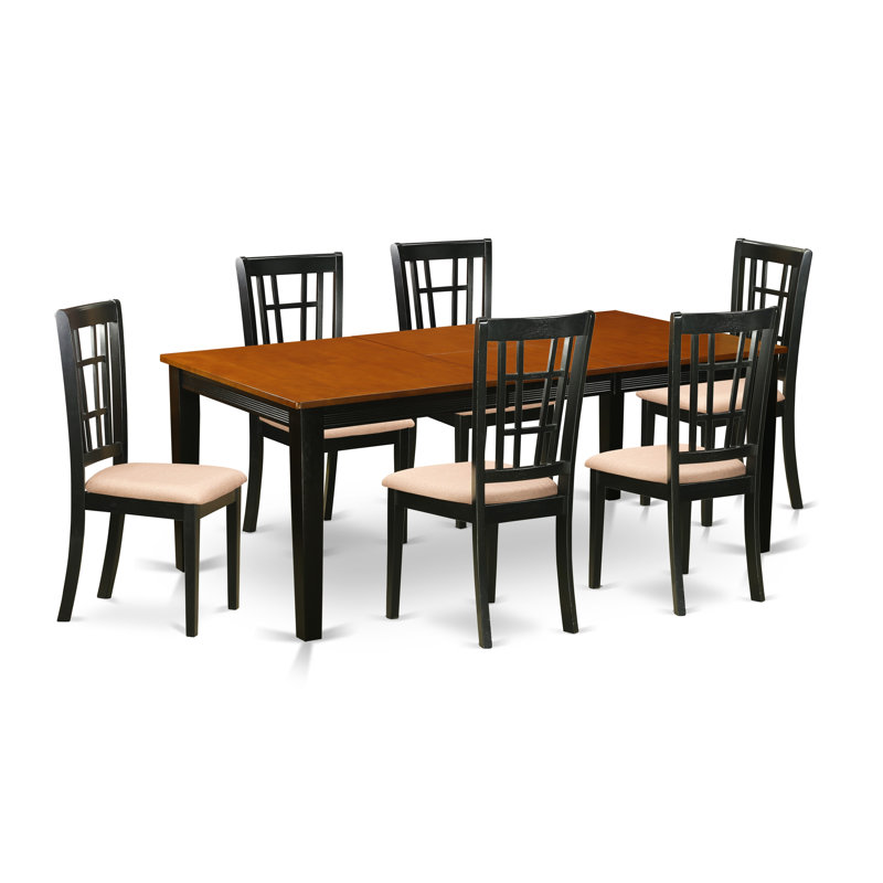 Ensemble de mobilier de salle à manger 7 pièces composé d'une table de cuisine rectangulaire avec rallonge papillon et 6 chaises en tissu de lin, noir et cerise
