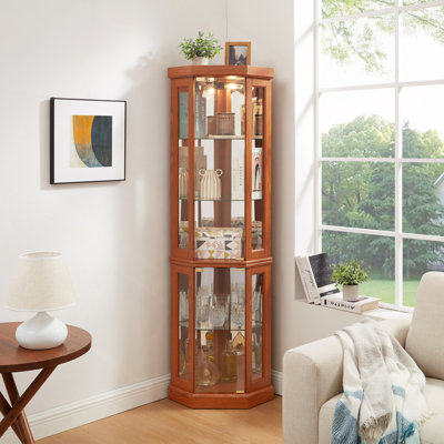 Corner Glass Cabinet Lighted Curio Cabinet Corner Display Case for Living Room, Curio Cabinet, Antique collection, Wine,Bar Glass Storage Light Includ