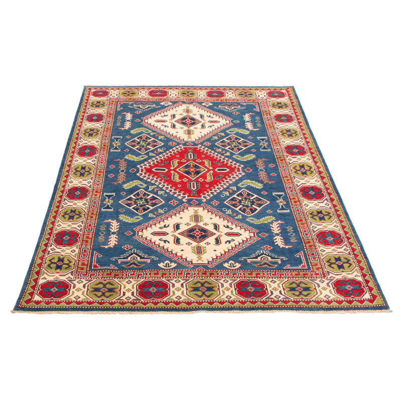 Tapis unique en laine noué à la main 6 pi 7 po x 9 pi 10 po nouvel âge Mortin en bleu / rouge