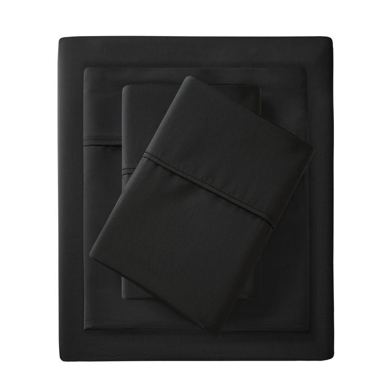 Draps de 1500 fils à densité de tissage très grand - mélange de coton froissé, doux tissé, passe-partout profond, 2 taies d'oreiller, lavable à la machine, drap noir 4 pièces pour le mélange de lit, froissé, drap-housse,