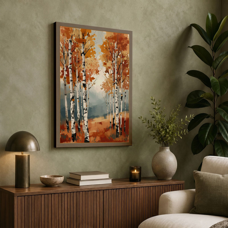 Autumn Birch Forest Scandinavian - Wrapped Canvas, 36x24 - 91.4 x 61.0 cm, Teal Border
