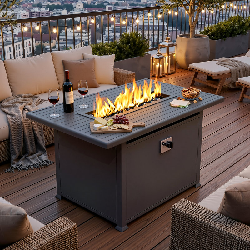 Table de foyer d'extérieur rectangulaire au propane avec cadre en aluminium et couvercle de brûleur