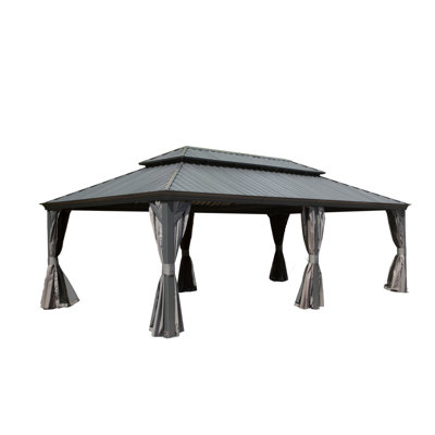 14X22ft Outdoor Gazebo, Grey - Galvanized Steel Roof, Aluminum Frame, Built-In Gutter System, Curtain And Netting For Deck Gazebo System